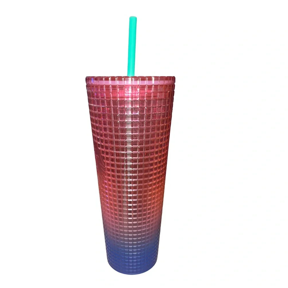 NWOT Starbucks Venti Pink Blue Gradient Grid Tumbler Cold Cup 24oz